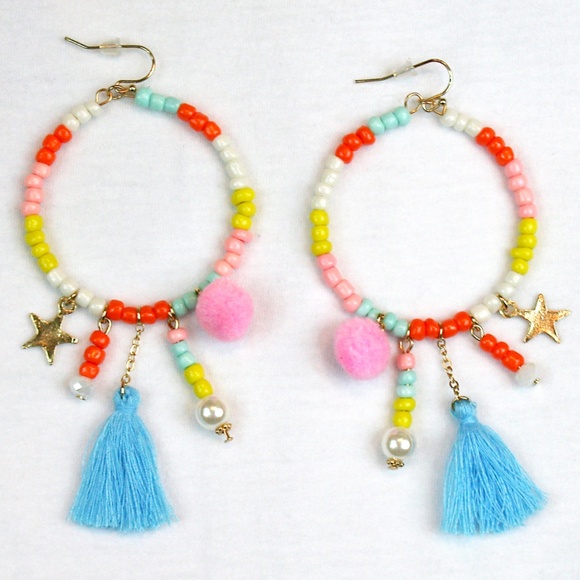 Boho Beaded Hoops w/ Tassels, Poms, Stars NWT - Picture 2 of 6
